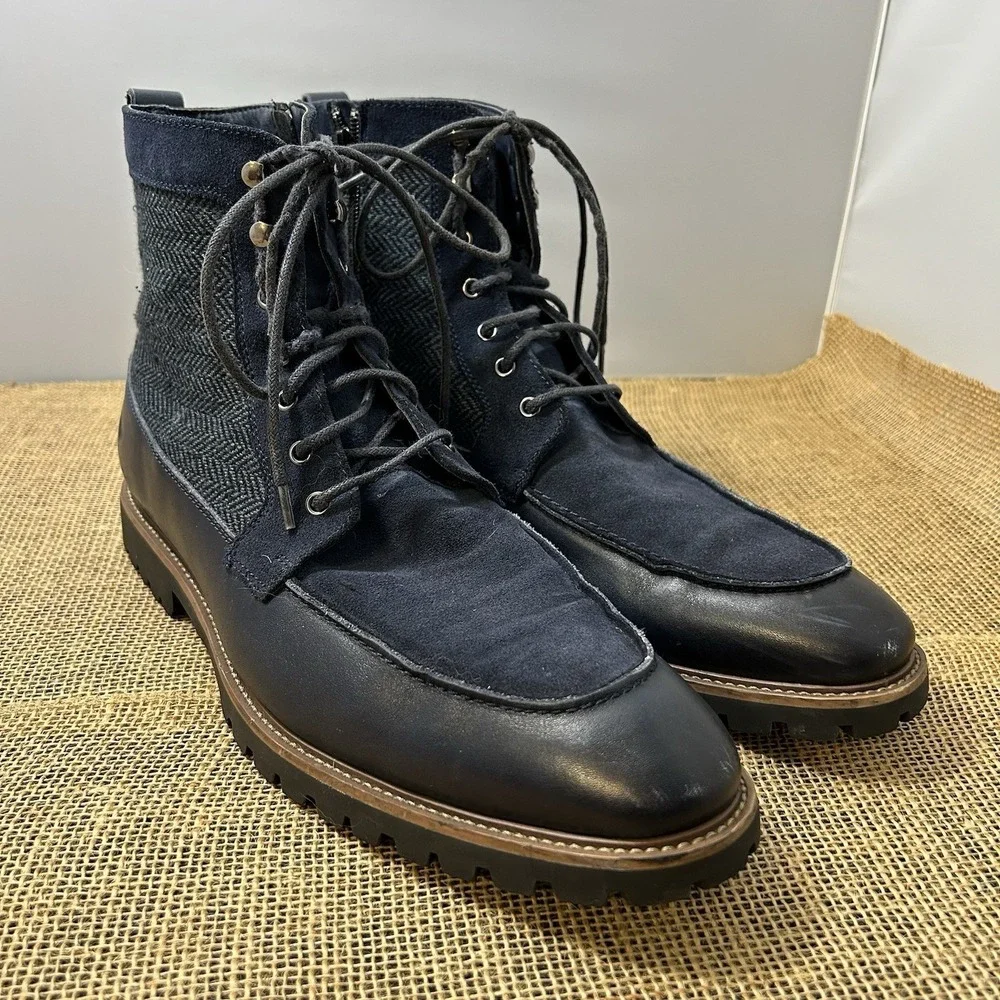 La Milano Hearth Mens Navy Leather Suede Herringbone Lace Up Boots 8521145K 12